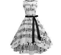 Abiti swing da donna UK, scollo a barca con fascia in vita abito senza maniche abiti da cocktail stampe note musicali abiti in vita abiti in stile Audrey Hepburn anni '50 vintage retrò Rockabilly