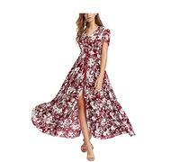 Abiti Vintage da Donna con Scollo A V Floreale, Abiti Estivi, Alti, Bassi, Maxi Altalena per Le Donne,Rosso,l