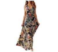Abito 48 Donna Festive Robes d'été Pour Femmes, col en V, Motif Floral, Robes décontractées élégantes, Style bohème, Robes Maxi de Plage, abito da spiaggia taglie forti, Nero , L