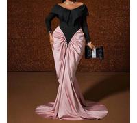 Abito a bozzolo con spalle scoperte, arricciature in vita, maniche lunghe, stile vintage ed elegante, per donne taglia curvy, autunnale 0XL,1XL,2XL,3XL,4XLColore unicoTessuto