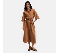 Abito a camicia lungo con maniche al gomito con cintura Marrone S Tinta unita