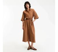 Abito a camicia lungo con maniche al gomito con cintura Marrone XS Tinta unita