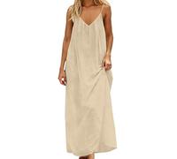 Abito a canotta senza schienale da donna UK Ladies Flowy Open Back Lounge Abiti per vacanze Beach House Tinta unita Abiti estivi da donna Casual Scollo a V senza maniche Maxi abiti eleganti, Beige, XL