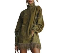 Abito a collo alto in finta pelle scamosciata con orlo a frange, manica lunga vestibilità ampia autunno inverno, abiti a maniche lunghe con collo a lupetto con nappe, Verde, L