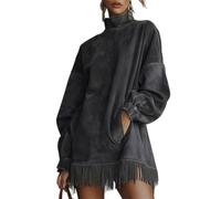 Abito a collo alto in finta pelle scamosciata con orlo a frange, manica lunga vestibilità ampia autunno inverno, abiti a maniche lunghe con collo a lupetto con nappe, Nero , L