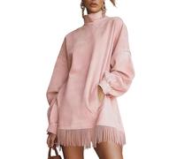 Abito a collo alto in finta pelle scamosciata con orlo a frange, manica lunga vestibilità ampia autunno inverno, abiti a maniche lunghe con collo a lupetto con nappe, rosa, L