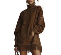 Abito a collo alto in finta pelle scamosciata con orlo a frange, manica lunga vestibilità ampia autunno inverno, abiti a maniche lunghe con collo a lupetto con nappe, Caff, L