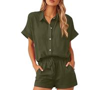Abito a due pezzi da donna con bottoni, top con risvolto con scollo a V camicie a maniche corte con coulisse pantaloncini a vita alta con tasche Co Ord Set per le donne Viaggi estivi Casual Stile