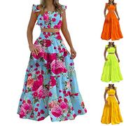 Abito a due pezzi da donna UK elegante top corto con maniche a volant e elastico in vita gonna sexy swing alla moda casual gonna lunga set estivo floreale maxi abito per vacanze estive vacanze, B, L