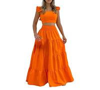 Abito a due pezzi da donna UK elegante top corto con maniche a volant e elastico in vita gonna sexy swing alla moda casual gonna lunga set estivo floreale maxi abito per vacanze estive vacanze, A, 3XL