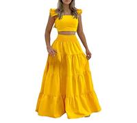 Abito a due pezzi per le donne UK elegante manica volant crop top e elastico in vita gonna swing sexy moda casual gonna lunga set estivo floreale maxi abito per vacanze estive vacanze vacanze, Giallo