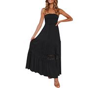 Abito a fascia, da donna, estivo, estivo, lungo, con stampa floreale e pizzo, senza maniche, senza spalline, da spiaggia, da donna, Nero , S