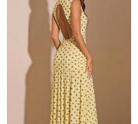 Abito a-line con collo alla coreana, senza maniche, con base gialla e pois marroni, abito elegante, da vacanza, da damigella, da festa di compleanno, da ritorno a scuola/laurea L,M,S,XL,XS,XXL,XXS,XXX