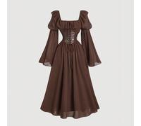 Abito a line con maniche a sbuffo, in chiffon marrone con inserti in pelle sintetica, stile vintage, adatto per vacanze, abbigliamento western, outfit da campagna, abito a corsetto, outfit da crociera