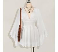 Abito a-line con scollo a v, arricciato, con maniche a campana, stile boho, hippie, Y2K, adatto per l'estate, con vibrazioni nomadi, per vacanze estive, festival musicali, laurea e abbigliamento per i