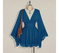 Abito a-line con scollo a v, arricciato, con maniche a campana, stile boho, hippie, Y2K, adatto per l'estate, con vibrazioni nomadi, per vacanze estive, festival musicali, laurea e ritorno a scuola 0X