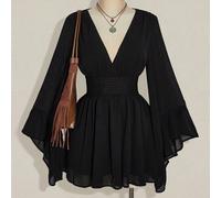 Abito a-line con scollo a v, arricciato, con maniche a sbuffo, stile boho, hippie, Y2K, adatto per l'estate, con vibrazioni nomadi, adatto anche per l'autunno 0XL,1XL,2XL,3XL,4XLColore unicoTessuto in