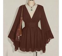 Abito a-line con scollo a v, vita arricciata e maniche a sbuffo, stile boho, hippie, Y2K, adatto per l'estate, con vibrazioni nomadi, per vacanze estive, festival musicali, laurea e ritorno a scuola 0