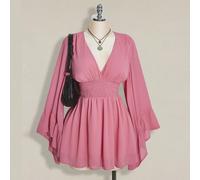 Abito a-line con scollo a v, vita arricciata e maniche a sbuffo, stile boho, hippie, Y2K, adatto per l'estate, con vibrazioni nomadi, per vacanze estive, festival musicali, laurea e ritorno a scuola 0