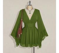 Abito a-line con scollo a v, vita arricciata e maniche a sbuffo, stile boho, hippie, Y2K, adatto per l'estate, con vibrazioni nomadi, per vacanze estive, festival musicali, laurea e ritorno a scuola 0