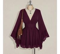 Abito a-line con scollo a v, vita arricciata e maniche a sbuffo, stile boho, hippie, Y2K, adatto per l'estate, con vibrazioni nomadi, per vacanze estive, festival musicali, laurea e abbigliamento per 