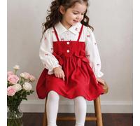 Abito a-line da bambina con colletto e maniche a palloncino 2 in 1, a righe rosse e bianche, stile classico autunnale, coordinato per la famiglia, elegante e giocoso, outfit per neonati 6-9M,9-12M,12-