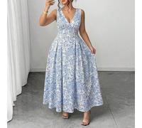 Abito a-line da donna con scollo a v, senza maniche, vita stretta e stampa floreale elegante, adatto per l'inizio della primavera, taglie comode 0XL,1XL,2XL,3XL,4XLStampa CasualeTessuto