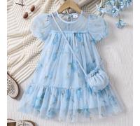 Abito a-line estivo da ragazza con stampa a fiori in rete, maniche a lanterna, abito da bambolina con borsa a tracolla, per l'estate 6Y,7Y,4Y,5YFloreale,Piantetulle