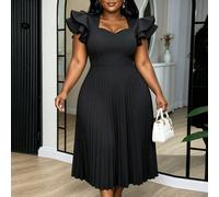 Abito A-line plissettato blu taglie forti, abito da cocktail estivo elegante da donna con scollo a cuore, volant e maniche corte, stile chiesa per la Festa della Mamma, nero 0XL,1XL,2XL,3XL,4XLColore 