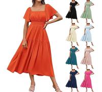 Abito a linee, estivo, da donna, leggero, traspirante, con scollo quadrato, da spiaggia, maxi abito elegante, casual, per il tempo libero, Azzurro, L