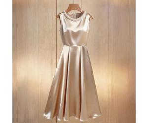 Abito a maglia con collo rotondo decorato con perle, elastico e lucente, aderente, che stringe in vita con linea A, abito alla moda ed elegante, adatto per la primavera e l'estate, adatto per l'uso qu