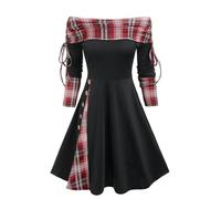 Abito a maglia da donna, elegante, a maniche lunghe, per feste, per il tempo libero, con scollo a righe, linea svasata, per feste, autunno, da sera, stile etnico, da donna, A rosso., XL