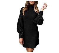 Abito a maglia da donna, nero, a collo alto, oversize, per autunno e inverno, per il tempo libero, a maniche lunghe, con scollo alto, a coste, abito lungo, a collo alto, 3 pezzi, Nero , L