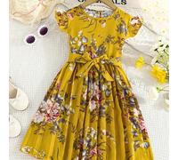 Abito a manica lunga con stampa floreale elegante e retrò per ragazze pre-adolescenti, con cintura, abito da principessa con pieghe eleganti, adatto come regalo 8Y,9Y,10Y,11Y,12YPiantePoliestere