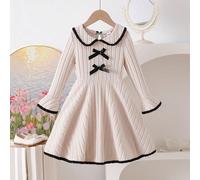 Abito a maniche a campana con colletto Peter Pan, fiocco 3D nero e vita svasata, in morbido costine beige, adatto a ragazze, per feste, riunioni, dolce ed elegante, per primavera/autunno e inverno 6Y,