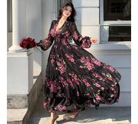Abito a maniche a lanterna con scollo a V e stampa in vita, design elegante, abiti estivi boho da donna per vacanze L,M,SStampa Casualetulle