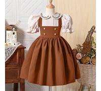 Abito a maniche a palloncino con blocchi di colore per ragazze giovani. Design a blocchi di colore marrone e beige, alla moda e giovanile, che esalta il fascino infantile. Adorabile colletto da bambol