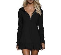 Abito a maniche lunghe con cappuccio da donna elegante con cerniera con scollo a V pullover tunica abiti con cappuccio e orlo a volant casual mini abiti corti con cappuccio da donna con cappuccio