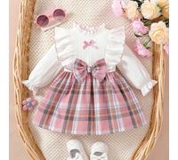 Abito a maniche lunghe con colletto arricciato e fiocco 3D per neonata. La silhouette a-line è classica e lusinghiera per vari tipi di corporatura del bambino. Le maniche arricciata abbinate al design