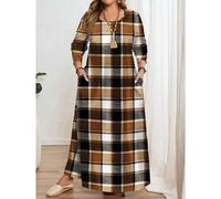 Abito a maniche lunghe con scollo a ciambella, con stampa a quadri gialli e neri, texture stampata, adatto per l'autunno/inverno, taglie comode 0XL,1XL,2XL,3XL,4XL,5XLquadriTessuto in maglia