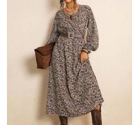 Abito a maniche lunghe con stampa leopardata e arricciature, taglia comoda, adatto per l'autunno/Abiti autunnali/Outfit autunnali da donna/Abito da cerimonia autunnale per invitati/Eleganti abiti da d