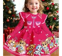 Abito a maniche lunghe da bambina con stampa di personaggi dei cartoni animati carini, come un cucciolo adorabile, il cucciolo rosol con fiocco e motivo a cuori in pizzo, adatto per l'autunno/inverno