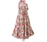 Abito a maniche lunghe da donna musulmana, abito musulmano di grandi dimensioni, abito chic ed elegante vintage stampato in stile caftano islamico con cintura, abbigliamento etnico per uso quotidiano