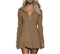 Abito a maniche lunghe da donna UK con cerniera e scollo a V con cappuccio abiti con volant orlo a volant mini abiti corti da donna casual con cappuccio abito da donna con cappuccio lungo top con