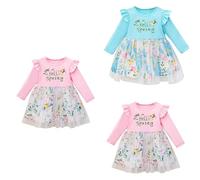 Abito a maniche lunghe da ragazza, in cotone, lunghezza al ginocchio, scollo rotondo, a righe, con stampa a cartoni animati, in tulle, tinta unita, per il tempo libero, per l'autunno e la primavera