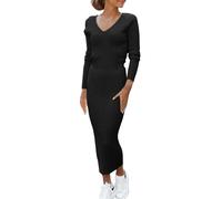 Abito a matita, lungo, elasticizzato, da donna, invernale, elegante, scollo a V, in jersey, slim fit, tubino curvy, lunghezza alla caviglia, per il tempo libero, maglia a coste, Nero , XL