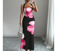 Abito a metà lunghezza da donna con stampa, vita regolabile con laccio, taglio slim, senza maniche e collo alto, per l'estate 2025 L,M,S,XLPianteTessuto in maglia