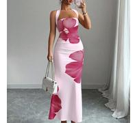 Abito a metà lunghezza da donna con stampa, vita regolabile con laccio, taglio slim, senza maniche e collo alto, per l'estate 2025 L,M,S,XLPianteTessuto in maglia