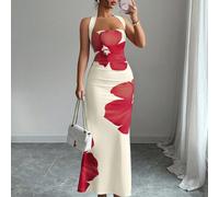 Abito a metà lunghezza da donna con stampa, vita regolabile con laccio, taglio slim, senza maniche, stile halter per l'estate 2025 L,M,S,XLPianteTessuto in maglia