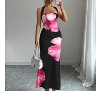 Abito a metà lunghezza da donna con stampa, vita regolabile con laccio, taglio slim, senza maniche, stile halter per l'estate 2025 Petite XXS,Petite XS,Petite S,Petite M,Petite LPianteTessuto in magli